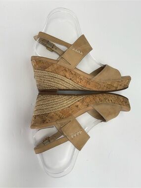 UGG Tan Suede ELENA HORCHATA Two-Strap Cork/raffia Wedge Sandals size 7